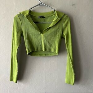 Zara Green Long Sleeve Cropped Collared Shirt Size Small